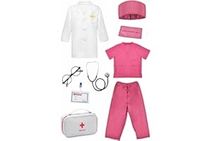 Znnhnn 9 Pezzi Valigette da Medico Set Camice Dottoressa Costume da Medico Travestimento Giocattolo da Medico Per Carnevale Halloween Cosplay Regali Per Feste (Rosa)