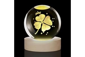 KSSVZZ 3D Four-Leaf Clover Crystal Ball - 7 Colour Changing LED Night Light, USB Powered Glass Decor with Wooden Base, Good Luck Charm for Home, Birthday, Exams - 60mm Paperweight Gift