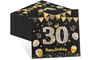 TRABAG Lot de 60 serviettes de table pour le 30 ans deco anniversaire homme, noires et dorées, décoration de table pour le 30e anniversaire