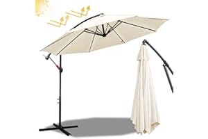 Fiqops Garden Cantilever Parasol, 3/3.5M Banana Hanging Umbrella with Crank Handle & Vented Top and Cross Base, Sunshade with UPF 30+ Protection for Outdoor Market Yard Pool