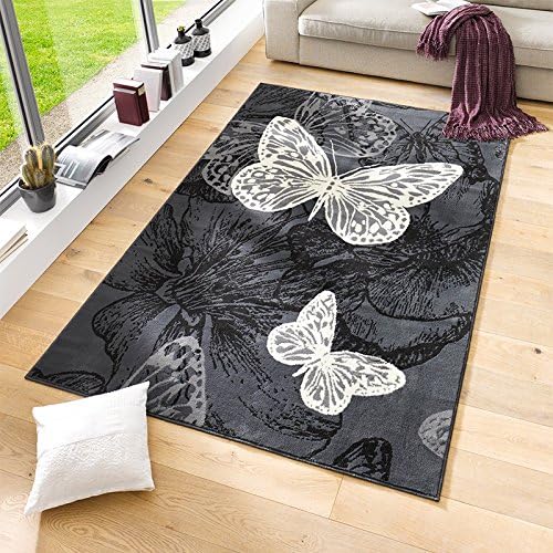 Rug 'New Butterfly' Design Velour, Short Pile, Cream Purple Blue Butterfly, grau/creme, 120 x 170