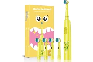 DRQZWP Cepillos de dientes eléctricos para niños de 6 a 12 años, cepillo de dientes infantil eléctrico recargable con temporizador, 3 modos, lPX7 resistente al agua con cabezal de 4 cerdas suaves (amarillo)