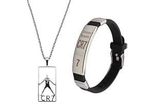 LOKXMVE Football Star Bracelet Pendant Necklace Set Adjustable Silicone Football Bracelet and Stainless Steel Necklace for Men and Women Football Gifts for Boys Football Match Jewelry Gift for Football Fans