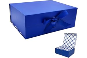 Tekhoho Caja de Regalos Grande Azul 33.5x27x12.5 cm, Caja de Regalos Premium con Tapa MagnéTica y Cinta para Embalaje de Regalos de Bodas y CumpleañOs, Forro a Cuadros