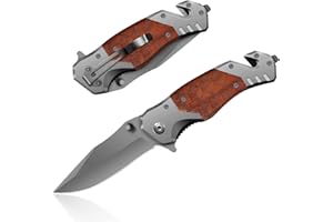 HONZIN Cuchillo plegable 3 en 1 cuchillo de bolsillo multiherramienta de acero inoxidable, cuchillo de supervivencia para acampar (mango de madera)