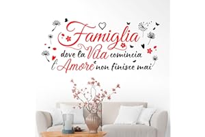 Gigio Store adesivi murali con frasi Famiglia Amore in italiano decorazioni per pareti cucina soggiorno camera letto bambini Sticker Vinile Nero Rosso farfalle tarassaco dente di leone