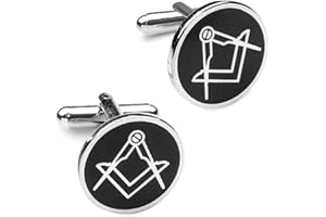 THE MASONIC COLLECTION - Black Round Masonic Square and Compass Cufflinks - Silver Plated - Comes in Velvet Pouch/Gift Box - Freemason Gift For Men