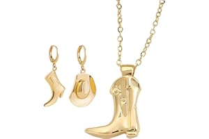 NAUZE 3Pieces Western Cowboy Boots Necklace and Earrings Gold Dainty Asymmetrical Statement Earrings Classic Boots Necklace for Cowboy Cowgirl