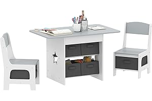 AIYAPLAY Mesa Infantil con 2 Sillas, Mesa y Sillas Infantil con 6 Cajones de Tela, Diseño Estrellas, para Niños y Niñas de 3-8 Años, para Hogar, Guardería, Aulas, Gris Claro