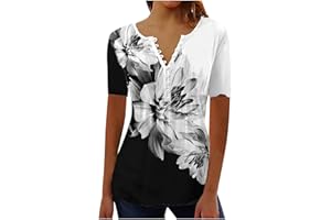 YOLOKE 2023 Summer Short Sleeve Tops for Women UK Trendy Casual Floral Graphic Shirts Tunic Blouses Plus Size Crew Neck Boho Henley Tees