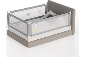 Tubiaz 1x150CM+2x180CM Barrera Seguridad Niños Cama, Altura Regulable 70-98cm, Barrera Cama niños con protección contra caídas, Barandilla Cama niño Plegable, Fácil de Montar, Acabado Gris Bordado