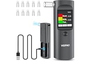 VEIPAO Ethylotest Electronique Homologué NF Alcootest: Éthylomètre Portable avec 11 Embouts Buccaux - Test D'alcoolémie Numérique à Écran Haute Précision pour Usage Test Person Professionnel Domicile - Gris