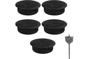 Getyjoe 5 Pièces Passe Cable Bureau 50 mm Cache Fil Bureau Rond avec Forets à Bêcher, Passe Fil Bureau en Plastique Passe-Câbles de Table pour Plans de Travail (Noir)