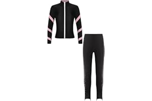 TTAO Kinder Mädchen Eiskunstlauf Anzug Glitzer Strass Langarm Sweatjacke Sweatshirt + Eislaufhose Trainingsanzug Eislaufen Tanzkleidung