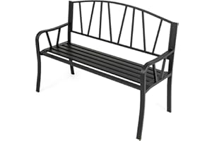 RELAX4LIFE 2-3 Seater Garden Bench, Metal Patio Loveseat Park Lounge Chair with Armrests & Backrest, Outdoor Furniture Slatted Leisure Bench Seating for Porch Yard (1, Symmetric Line Pattern)