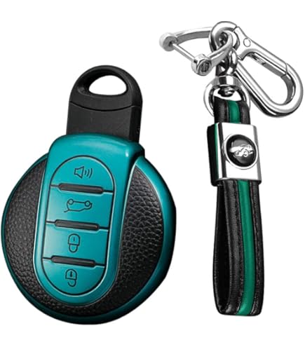 HIBEYO Smart Car Key Case Fits BMW Mini Protective Key Case For Mini Cooper One Clubman F56 F54 F55 F57 F60 Key Box Cowhide Remote Key Chain 3 Buttons Green