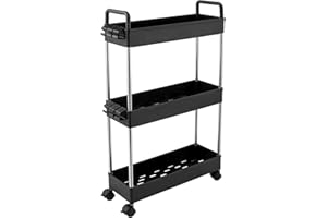 APUUCSE 3-Tier Slim Storage Trolley Slide Out Rolling Utility Shelf Rack Storage Cart on Wheels Multi-purpose Shelving Unit Organizer for Kitchen/Bathroom/ Laundry Room/Office,Plastic & Stainless Steel(Black)