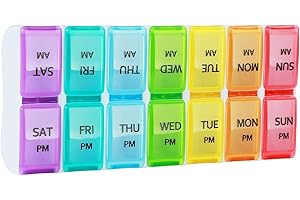 Realjoy Pudełko na tabletki, 7 dni, 2 przegródki, rano wieczorem, duże, zdejmowane, pudełko na lekarstwa, 14 przegródek, dozownik leków, na witaminy, olej rybny, suplementy i leki (kolorowe)