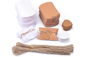 JSYSJ 100 Piezas Cajas Almohadas de Kraft, Cajas de Regalo Pequeñas, Cajas Kraft Regalo con 100 Piezas Cuerda de Yute y 100 Piezas Amor Etiqueta para Bodas y Regalos de Fiesta