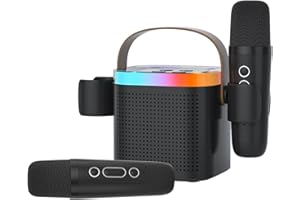 DRSYXCS Karaoke Machine 2 Microphones, Portable Bluetooth Karaoke Speaker Microphone Set with Voice Change & Led Light, Birthday Children's Day Gift for 3-12 Years Kids Boys Girls Adults(Dark Black)