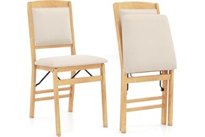 COSTWAY Padded Folding Chair Set of 2/4, Rubber Wood Counter Dining Chairs with PVC Leather Seat & Backrest, Upholstered Kitchen Office Conference Seats, 180kg Capacity (Padded Back, Natural+Beige, 2)