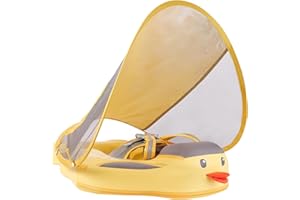 HECCEI Baby Swimming Float Add Tail Newest Mambobaby Pool Float with Canopy, Non-Inflatable Soft Waterproof Skin-Friendly Leather Material Toddler Swim Ring Age of 3-24months