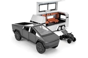 TGRCM-CZ 1/32 Tesla Cybertruck Electric Pick-Up Model Car with RV and Motorcycle, Zinc Alloy Pull Back Toy Car with Sound and Light for Kids Boys Girl Gift (Gray)