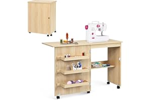 GOPLUS Nähtisch Faltbar, Nähmaschinentisch auf Rollen, Nähschrank Nähmaschinenschrank Computertisch Schreibtisch Arbeitstisch (Natur)