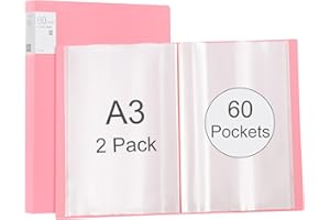 Srvnpioy A3 Display Book 60 Pockets, 2 Pack, 120 Sheet Capacity, Transparent Pockets, A3 Portfolio Presentation Book for Artwork, Drawing, Report,Pink