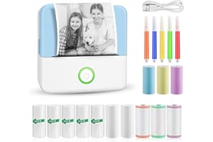 GuKKK Mini Printer, Mobile Photo Printer, Portable, Wireless Thermal Printer, with 13 Rolls of Printer Paper and 5 Colouring Pencils, Smartphone Bluetooth, for List, Journal