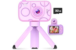 HOFIT Kinderkamera mit Hochklappbarem Objektiv, Geschenke Mädchen 3 4 5 6 7 8 9 10 11 12 Jahre, 1080P Digitalkamera Kinder, 32 GB SD-Karte, Geburtstagsgeschenk Weihnachten Spielzeug ab 3-12 Jahre