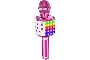 Bizcasa 5 in 1 Microphone for kids, Wireless Bluetooth Microphone with Colorful Lights Mic Speaker Flashing KTV Player Home PC/Android/IOS Smartphone Karaoke Machine for Singing,Recording,Pink