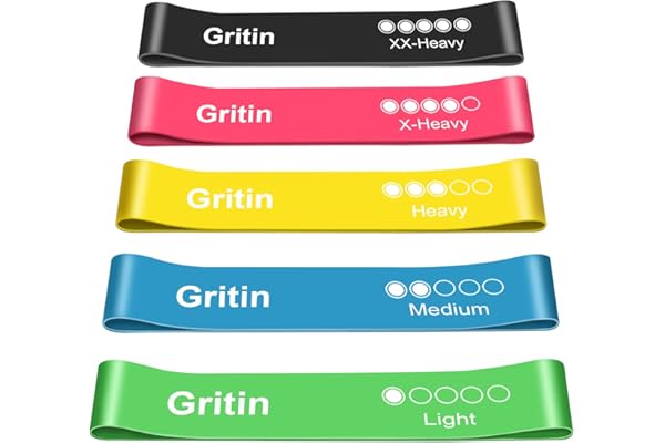 Gritin Fitnessbänder Widerstandsbänder mit 5 Stufen, Latex Fitnessband Resistance mit Deutscher Übungsanleitung & Tragebeutel