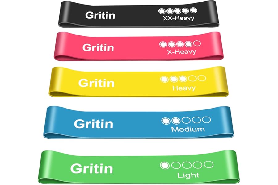 Gritin Resistance Bands, Set of 5 Skin-Friendly Resistance Fitness Exercise Loop Bands with 5 Different Strength Levels - Carrying Case Included - Ideal for Home, Gym, Yoga, Training