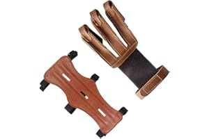 Techson Archery Arm Guards and Finger Gloves, Adjustable Protective Leather Bow Range with 3 Strap Buckles, Shooting Hunting Arrow Bow Three Finger Tab Guard (Brown)