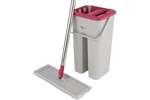 Zestaw z płaskim mopem i wiadrem Kleeneze® KL062253EU Slimline | wiadro z przegrodą | wbudowany system odciskania wody/skrobak do brudu | kolor różowo-szary