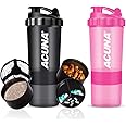 ACUNA Protein Shaker Bottle 600ml (PACK OF 2), 3 Layer Supplement & Pills Storage Cup- Secure Leakproof Protein Shake Mixer Bottle- Gym Supplement Shaker Bottle (Black - Pink)