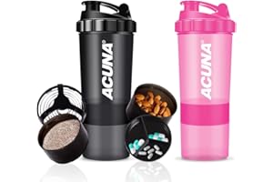 ACUNA Protein Shaker Bottle 600ml (PACK OF 2), 3 Layer Supplement & Pills Storage Cup- Secure Leakproof Protein Shake Mixer Bottle- Gym Supplement Shaker Bottle (Black - Pink)