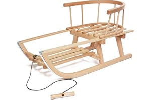 Prime Garden® PINNO Mini Classico Premium Holzschlitten Schlitten Kinderschlitten Rodelschlitten mit Rückenlehne Zugseil Holzgriff