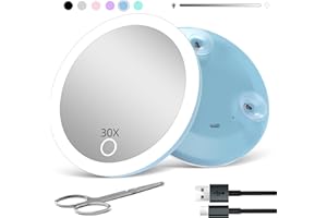 Suupvaor Espejo de Aumento 30X con luz y ventosas, Espejo de Aumento Iluminado Regulable 30X 10cm Recargable Espejo de Maquillaje de Bolsillo de Gran Aumento con Tijeras
