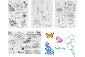 DKDXID 4pcs Sellos Scrapbooking Silicona Letras Sellos para Manualidades Vintage Sellos Scrapbooking Flores Clear Stamps Sellos Silicona Frases Español Sello Transparente Feliz Cumpleaños DIY Tarjetas