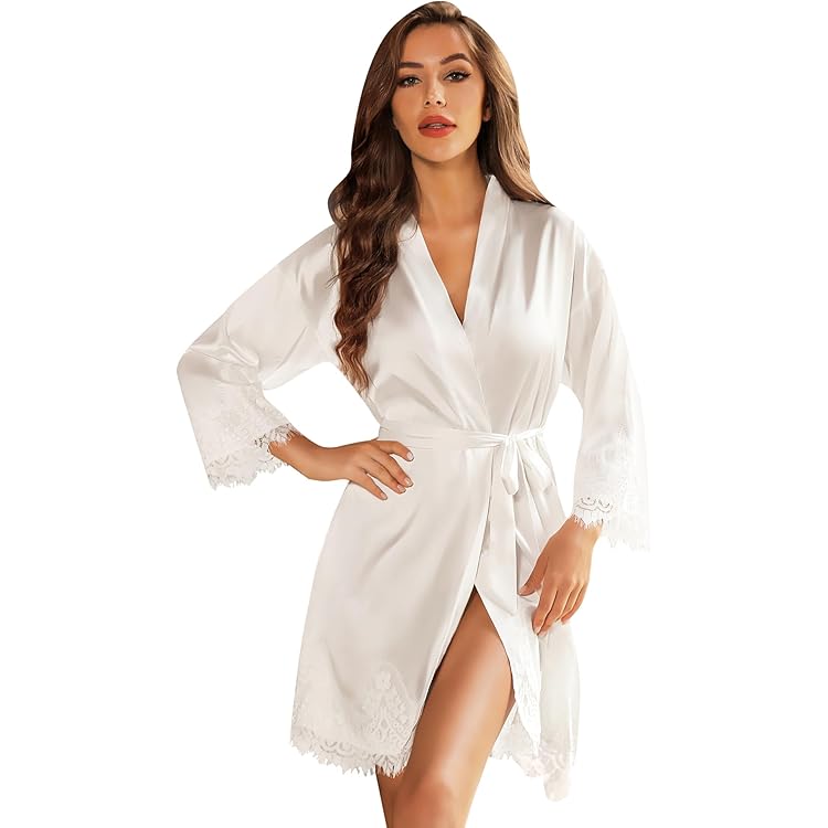 Ekouaer Dames nachthemd en ochtendjas tweedelig satijn sexy nachtkleding set nachtjurk kort negligées 2-pack, 02-wit, M