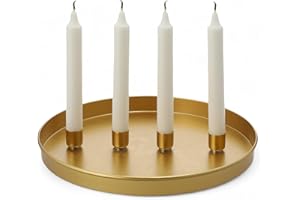 MIJOMA - Rundes Metall-Tablett Ø25cm, Ideal für Advent & Alltagsdekoration, Pulverbeschichtet, Mit 4 Magnetischen Stabkerzenhaltern für Kerzen Ø2cm, Individuell Arrangierbar (Gold)