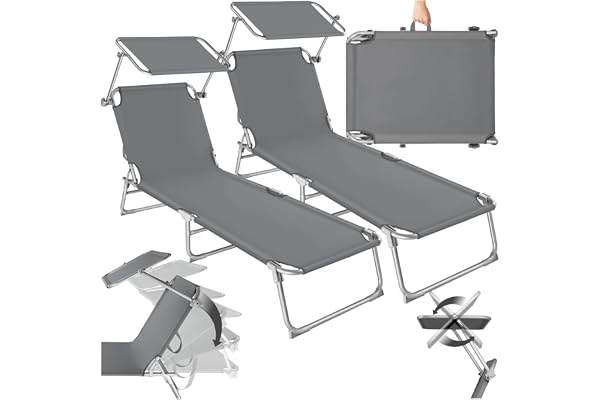 tectake® Chaise Longue Pliante Portable Bain de Soleil Jardin Exterieur avec Pare Soleil Chaise Longue inclinable Transat de Plage Relax Camping Salon de Jardin Exterieur - Gris