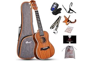 Winzz Ukelele Concierto de 23 Pulgadas, Conjunto para principiantes de Caoba para Adultos y Estudiantes con Soporte de Madera para Ukelele, Bolsa Acolchada, Cejilla de Metal, Correa, Pegatina de Notas