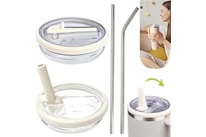 KORSAOT Deckel Auslaufsicher für Stanley Cup 40oz, 2 Stück Ersatzdeckel für Stanley Cup mit 2 Strohhalmen (Geraden und Biegungen), Zubehör für Stanley Cup (Beige)