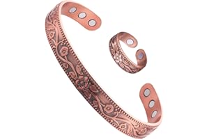 NYGGTYK 1 x bransoletka magnetyczna z kwiatami śliwy, 1 x pierścień z kwiatami śliwki, miedziana, antystatyczna, miedziana, regulowana, damska bransoletka miedziana, modny dodatek retro, 7,3 * 5,3 cm