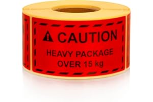 MD Labels Etykiety ostrzegawcze na rolce 100 x 50 mm – 500 – CAUTION- Heavy package over 15 kg naklejki paczkowe do Amazon Vendor & FBA Fulfillment – neonowa jaskrawa czerwień – naklejki na paczkę