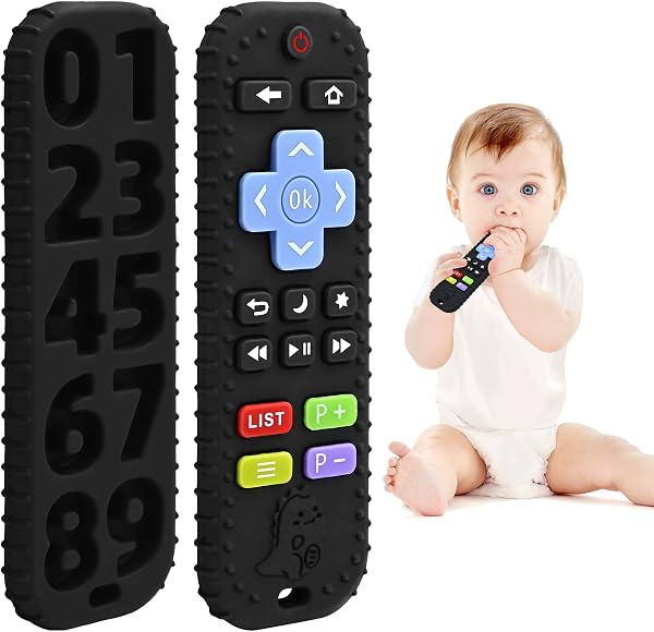 Teething Relief Teethers Toys for Babies 3-6 12 Months Gifts, Silicone Remote Control Baby Teether Bath Toys for 3 6 9 Months Newborn Infant Boy Girl Autism, Food Grade Silicone Sensory Toys, Black - 1