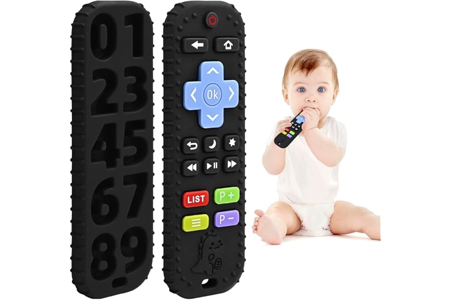 Teething Relief Teethers Toys for Babies 3-6 12 Months Gifts, Silicone Remote Control Baby Teether Bath Toys for 3 6 9 Months Newborn Infant Boy Girl Autism, Food Grade Silicone Sensory Toys, Black